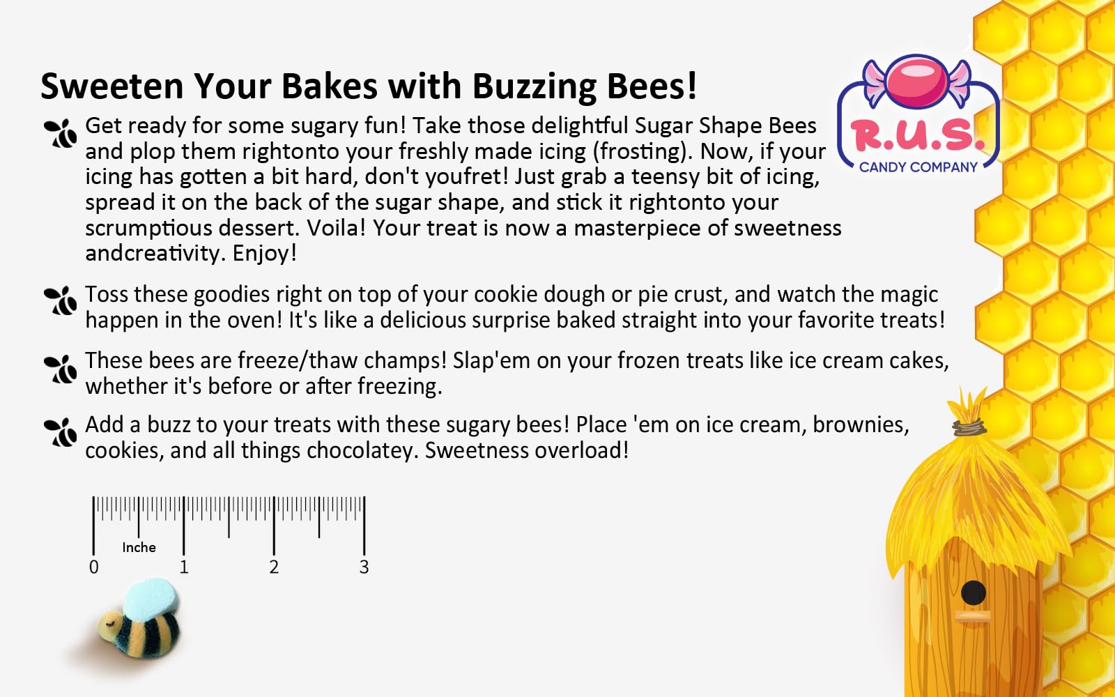 Bees Cake Decorations- Bumble Bee Shaped Edible Hard Sugar Decorations, 12 pcs by R.U.S. Candy Company